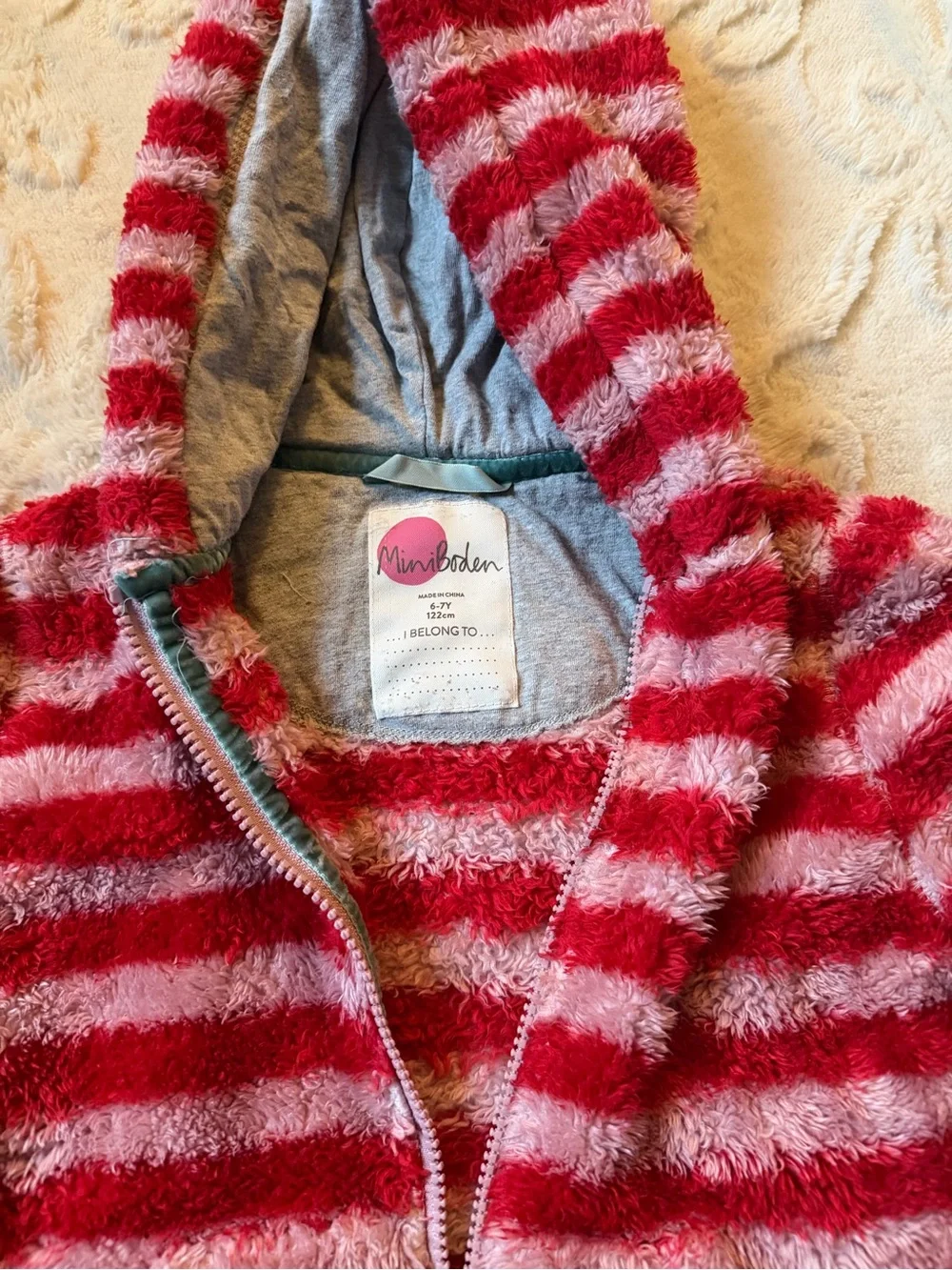 Mini Boden Fuzzy Hooded Zip Jacket in Red and Pink Stripes